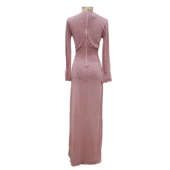 VINTAGE 70s Shayne METALLIC ROSE GLITTER Maxi Dress ,Long Sleeve,Women's Small - Picture 3 of 9